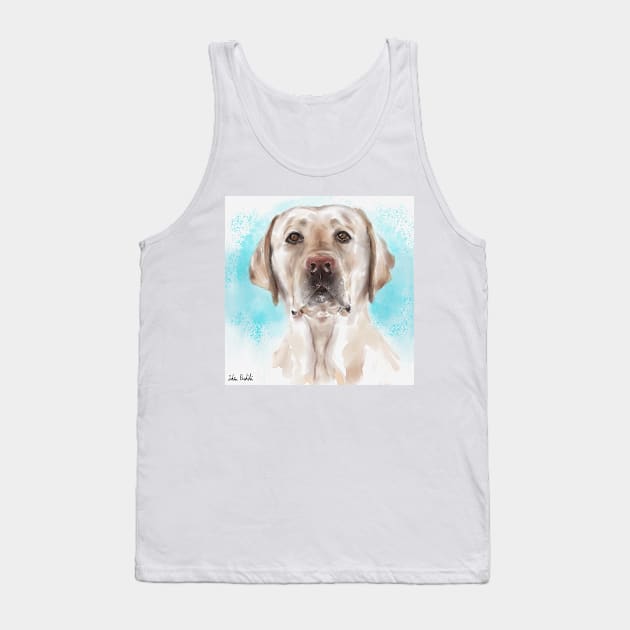 Watercolor Portrait of a Curious Yellow Labrador on a Light Blue Background Tank Top by ibadishi